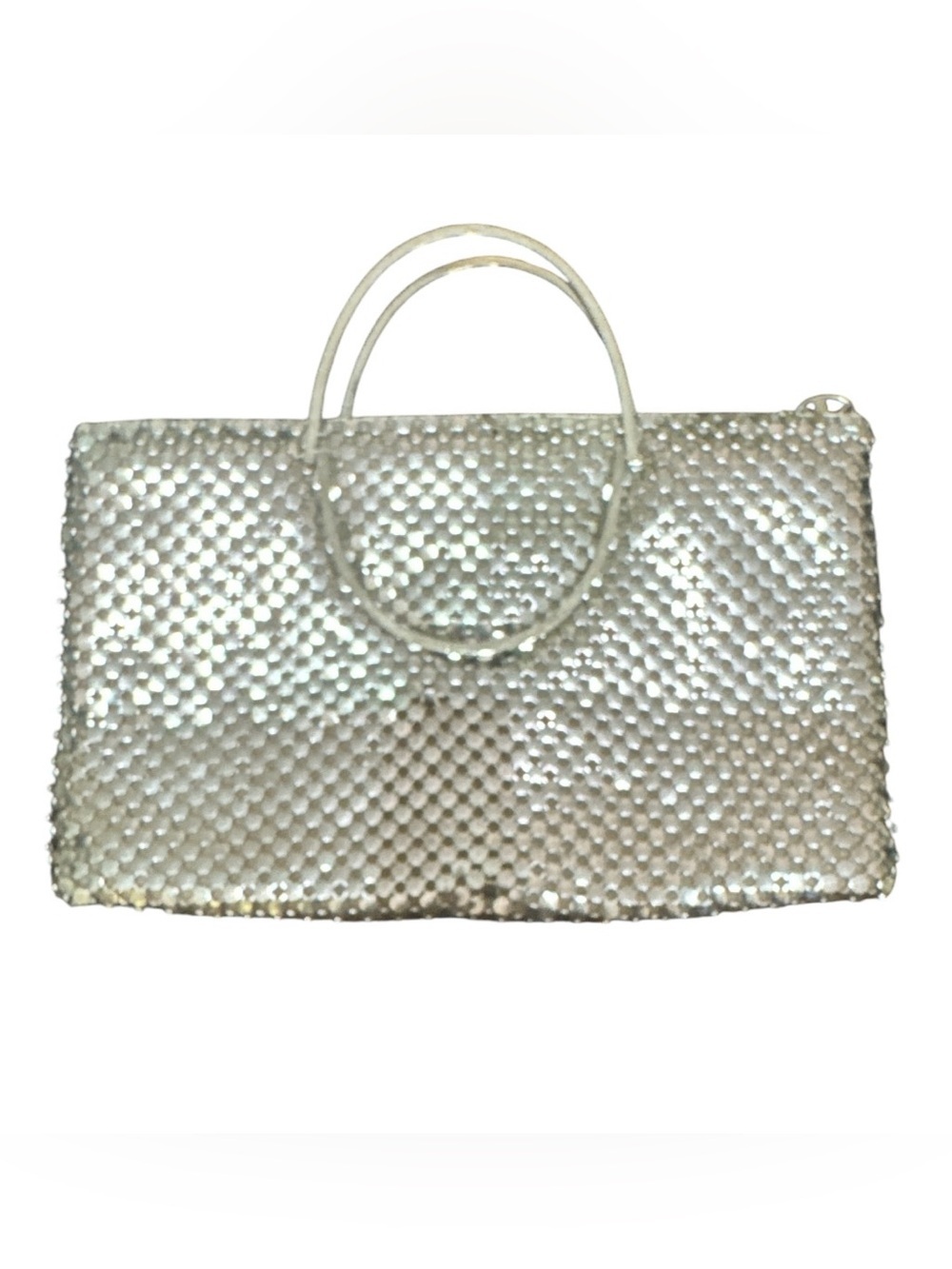 Vintage Silver Tone Metal Mesh Evening Clutch Purse Ring Handle 11x7